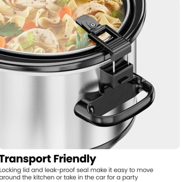 6 Qt. Slow Cooker w/ Locking Lid and Three Heat Settings - Stainless Steel, New - Picture 4 of 9